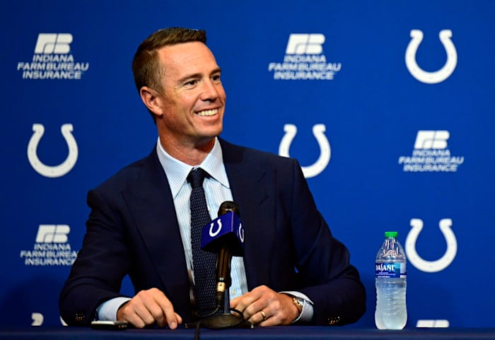 Mar 22, 2022; Indianapolis, IN, USA; Indianapolis Colts Quarterback Matt Ryan (2) holds a press conference to announce his joining of the team at Indiana Farm Bureau Football Center. Mandatory Credit: Marc Lebryk-USA TODAY Sports
